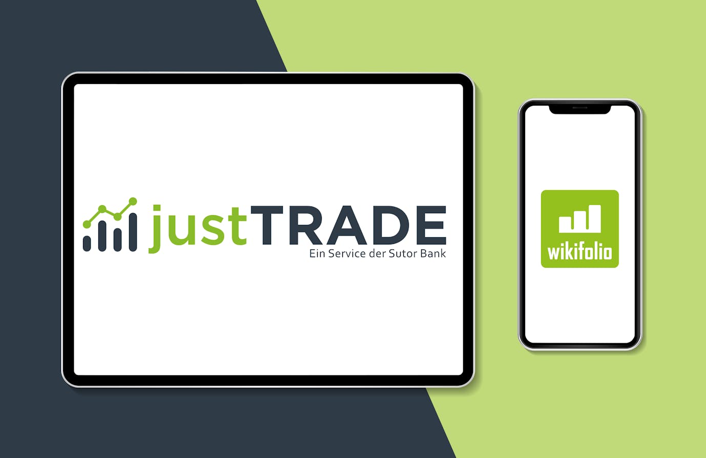 Logo JustTRADE wird in einem Tablet angezeigt. Daneben wird das Logo von wikifolio in einem Smartphone angezeigt.