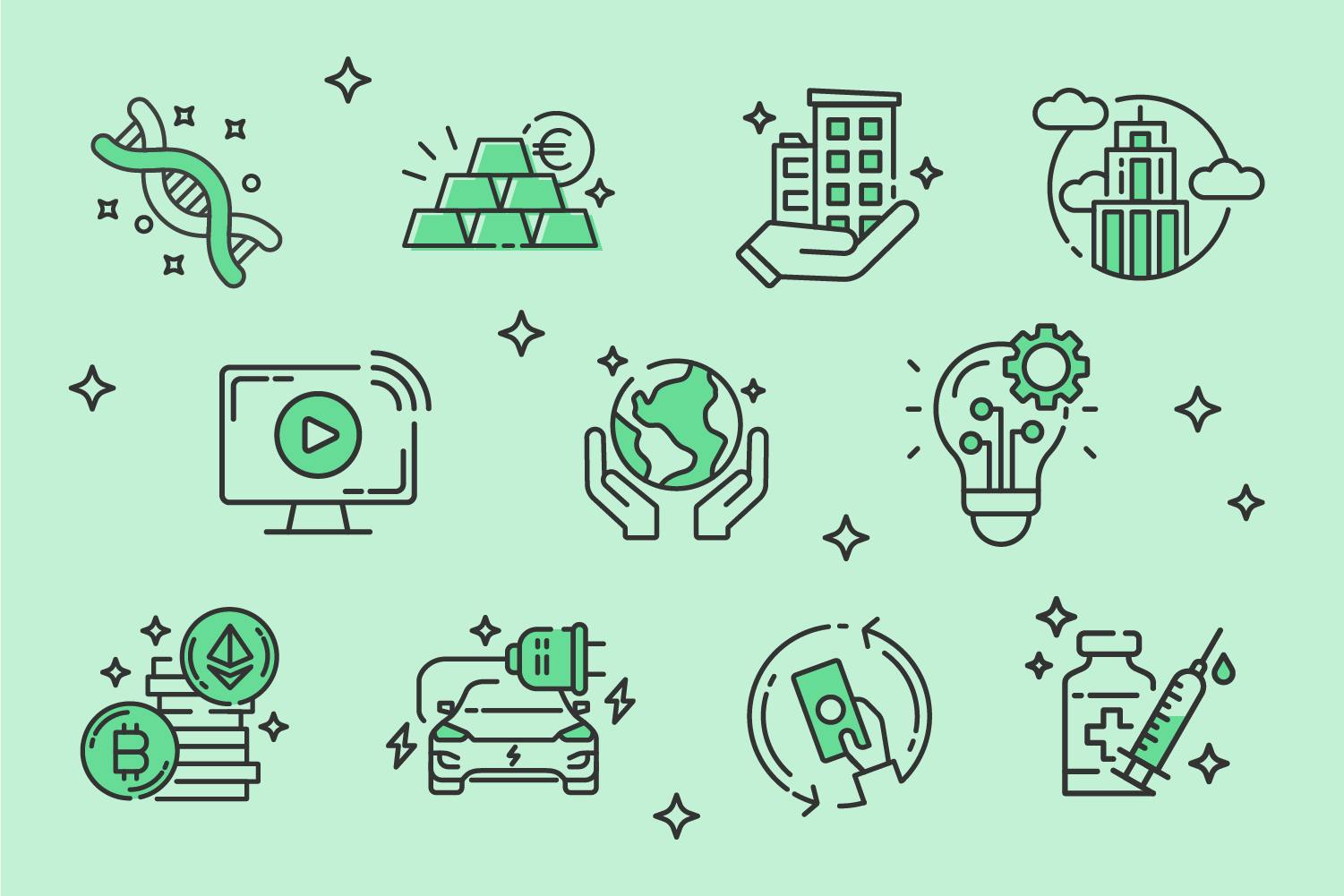 Zusammenstellung von Icons, die für Trends stehen (Beispiele sind Mobilität, Gesundheit uvm.)