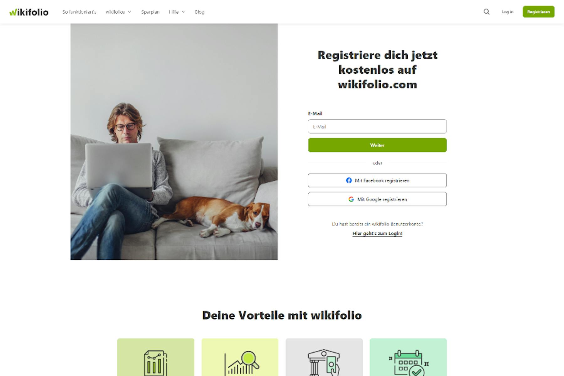 Kostenlos registrieren Seite Desktop Ansicht