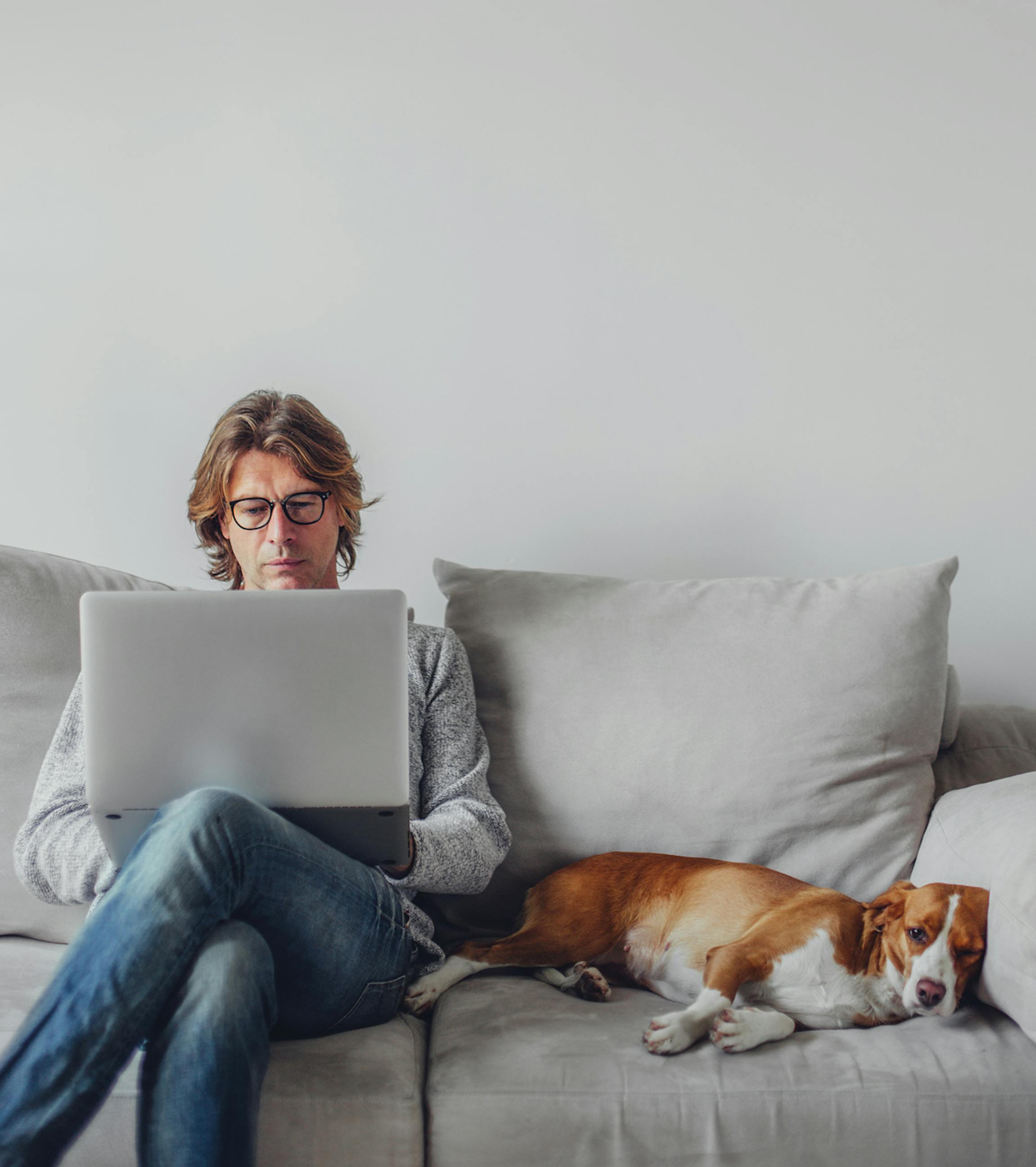 Mann mit Laptop und Hund auf Couch