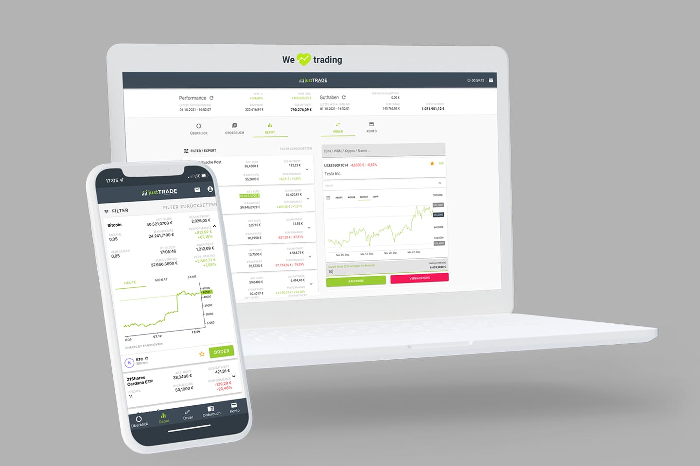 Smartphone und Laptop, die die Website von justTRADE anzeigen