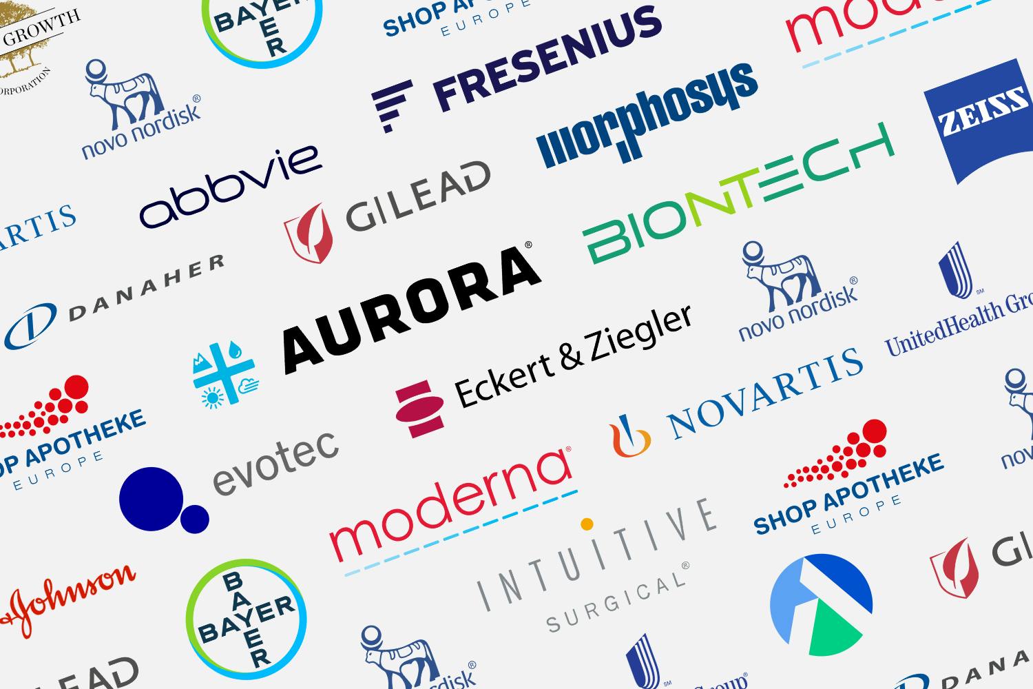 Siegertreppchen mit Medaillen auf denen Logos von Novo Nordisc, Danaher und Abbvie zu sehen ist