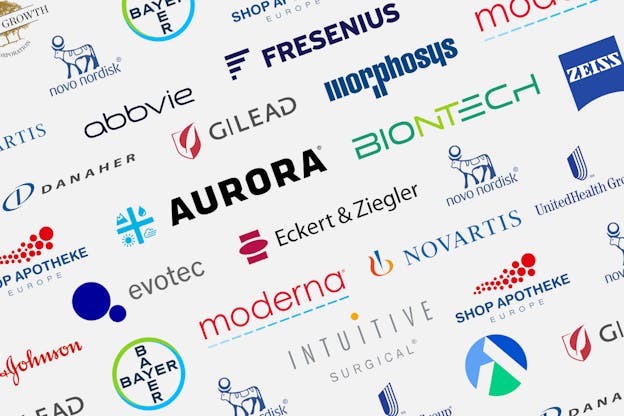 Siegertreppchen mit Medaillen auf denen Logos von Novo Nordisc, Danaher und Abbvie zu sehen ist