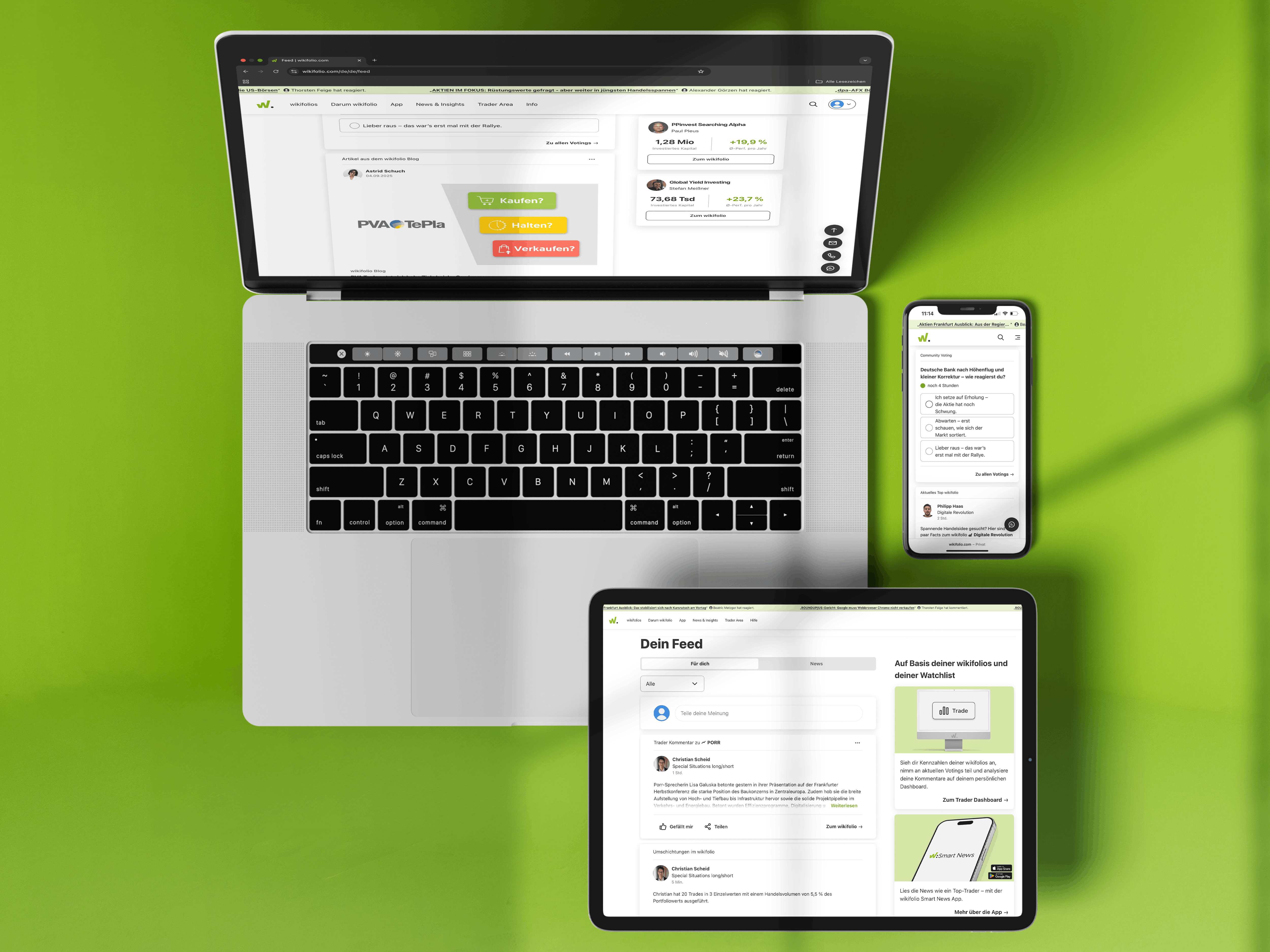 Auf einem Tablet ist die Startseite der wikifolio Website zu sehen, eine Frauenhand bedient das Tablet.